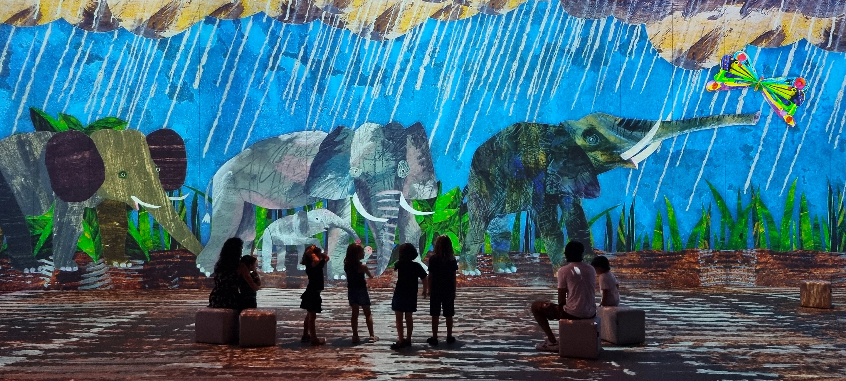 ゾウの映像が広がる展示空間